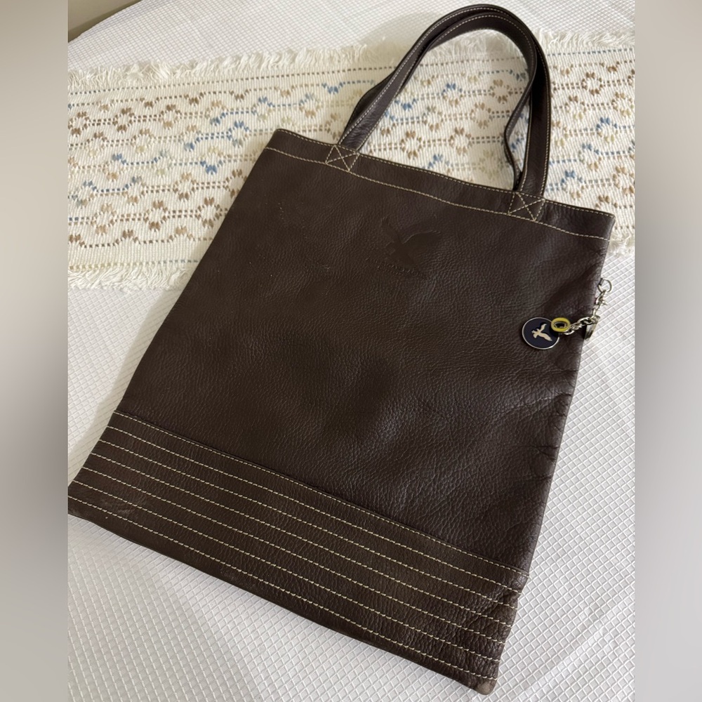 American Eagle Brown embossed leather laptop Tote Bag with Charm